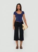 European Fashion Wide Leg Pants Women Drawstring Waist Black Cropped Culottes Casual Summer OEM Wholesale - Image 2