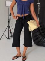 European Fashion Wide Leg Pants Women Drawstring Waist Black Cropped Culottes Casual Summer OEM Wholesale - Image 3