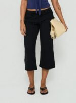 European Fashion Wide Leg Pants Women Drawstring Waist Black Cropped Culottes Casual Summer OEM Wholesale - Image 4