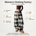 ODM/OEM Custom-Designed Women's Plaid Wide-Leg Trousers – Loose-Fit Pants with Stretchy Drawstring Waist