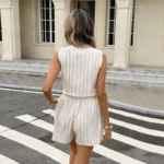 Women's Casual & Elegant Eco-Friendly Breathable Striped V-Neck Button-Front Short-Sleeve Set (Below-Knee Length)ODM - Image 2