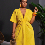 2026 Plus Size Women's Solid Natural Short Sleeve Ball Gown Worsted Fabric Summer Loose V-neck Fashion Party Dress