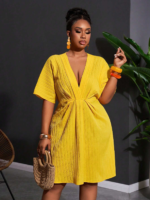 2026 Plus Size Women's Solid Natural Short Sleeve Ball Gown Worsted Fabric Summer Loose V-neck Fashion Party Dress