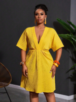 2026 Plus Size Women's Solid Natural Short Sleeve Ball Gown Worsted Fabric Summer Loose V-neck Fashion Party Dress - Image 2