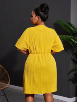 2026 Plus Size Women's Solid Natural Short Sleeve Ball Gown Worsted Fabric Summer Loose V-neck Fashion Party Dress - Image 3