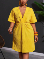 2026 Plus Size Women's Solid Natural Short Sleeve Ball Gown Worsted Fabric Summer Loose V-neck Fashion Party Dress - Image 4