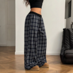Loose Anti-Wrinkle Anti-Static Breathable Spring ODM High Waist Plaid Wide Leg Casual Pants - Image 4