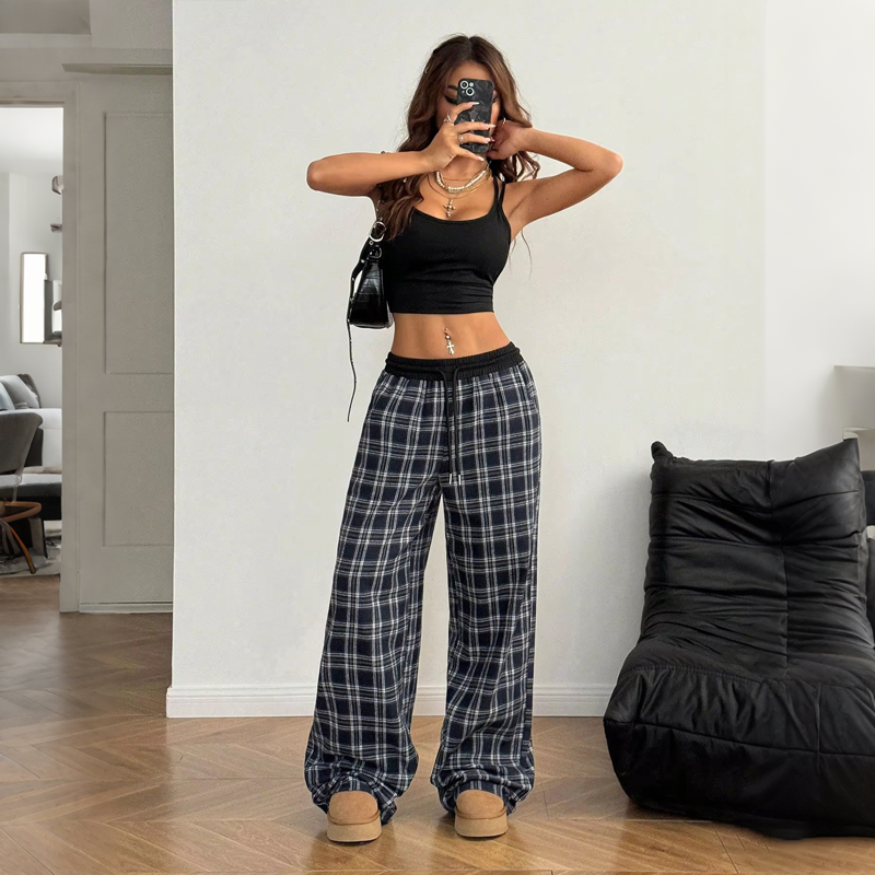 43-4 Loose Anti-Wrinkle Anti-Static Breathable Spring ODM High Waist Plaid Wide Leg Casual Pants - Image 1
