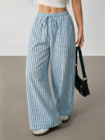 Spring New Retro Vacation Casual Breathable Wide Leg Loose Pants Color Block Stripe Design High Waist - Image 3