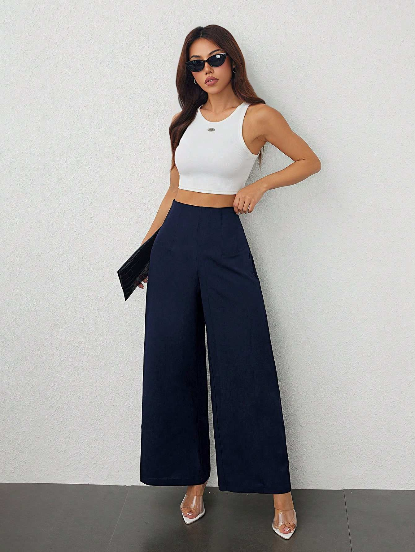 47-1 Women's High Waist Loose Wide Leg Pants Stretch Fabric Breathable Eco-Friendly Anti-Wrinkle Casual OEM Daily Office - Image 1